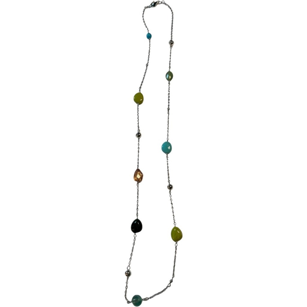 Multi Color Bead Station Long Necklace Silver Tone Chain Bohemian Layering 40in